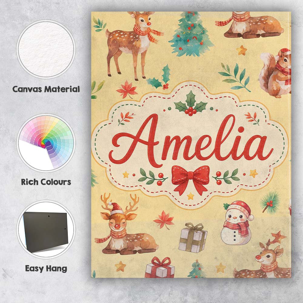 Personalised Name Cute Christmas Deer Custom Modern Room Accent Creative Decorator Style Canvas Wall Art Print Decor Picture Ready to Hang