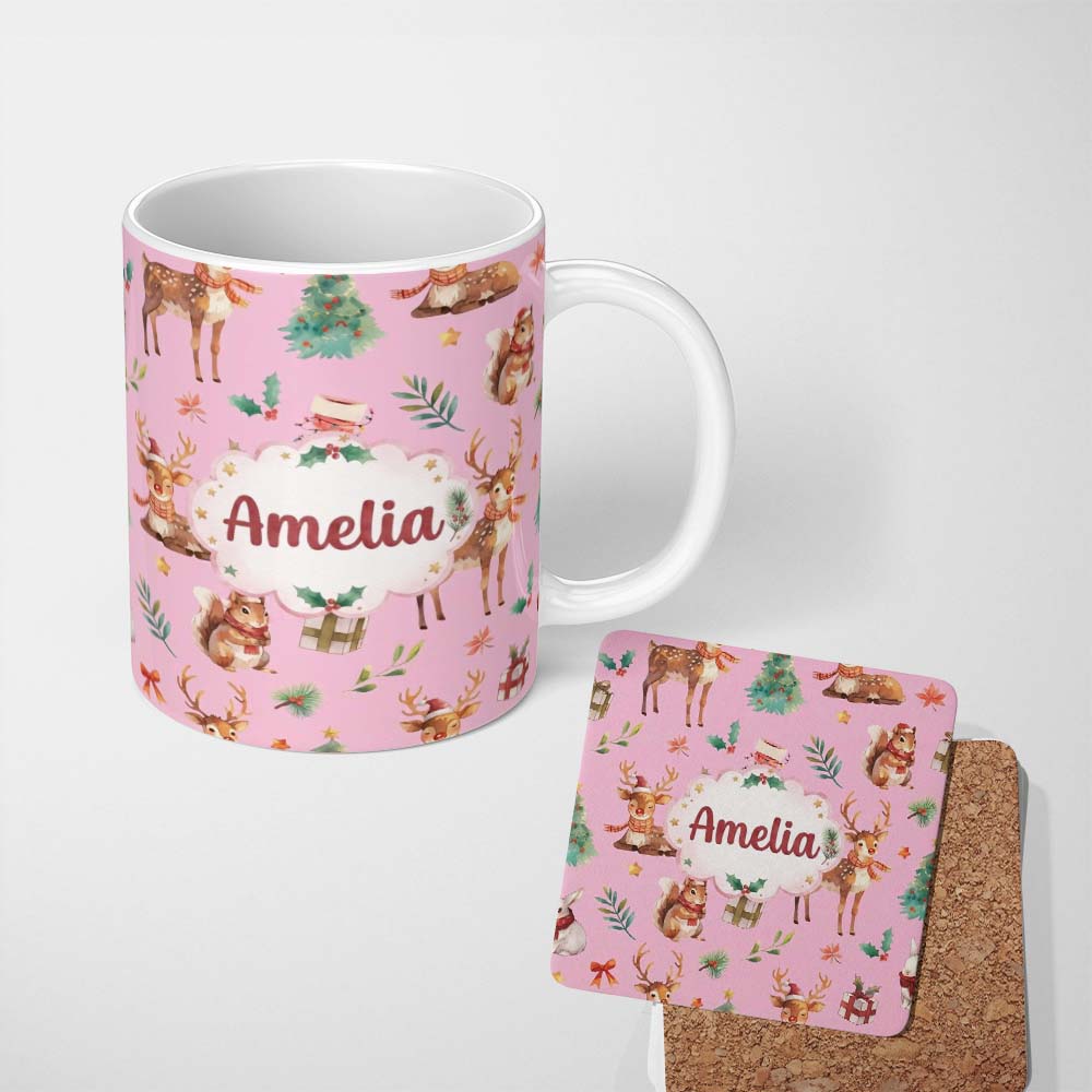 Personalized Custom Name Cute Christmas Deer Squirrel Leaves Gift Pattern Light Pink 11oz Ceramic Coffee Tea Mug White Large Handle