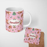 Personalized Custom Name Cute Christmas Deer Squirrel Leaves Gift Pattern Light Pink 11oz Ceramic Coffee Tea Mug White Large Handle