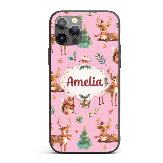 Cute Christmas Deer Squirrel Leaves Gift Pattern Custom Name Protective Phone Case Mobile Cover Durable Everyday Smartphone Shock Resistant