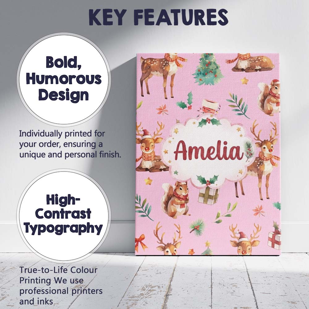 Personalised Name Cute Christmas Deer Custom Modern Room Accent Creative Decorator Style Canvas Wall Art Print Decor Picture Ready to Hang
