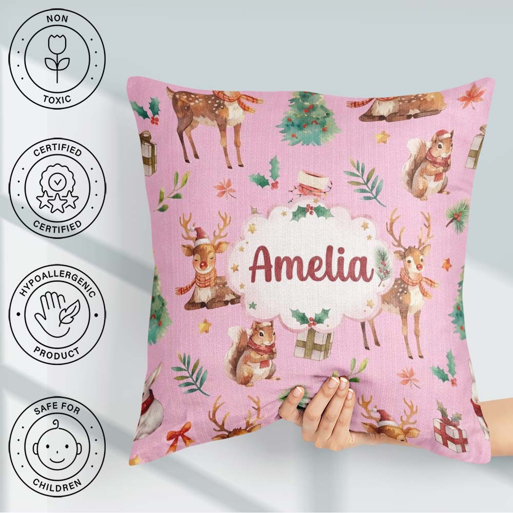 Custom Name Christmas Deer Squirrel Leaves Pattern Light Pink Square Filled Cushion Throw Pillow Sofa Bed Home Decor Zip Washable UK Made