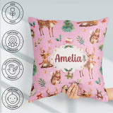 Custom Name Christmas Deer Squirrel Leaves Pattern Light Pink Square Filled Cushion Throw Pillow Sofa Bed Home Decor Zip Washable UK Made