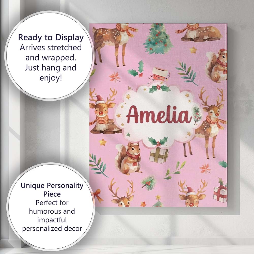 Personalised Name Cute Christmas Deer Custom Modern Room Accent Creative Decorator Style Canvas Wall Art Print Decor Picture Ready to Hang