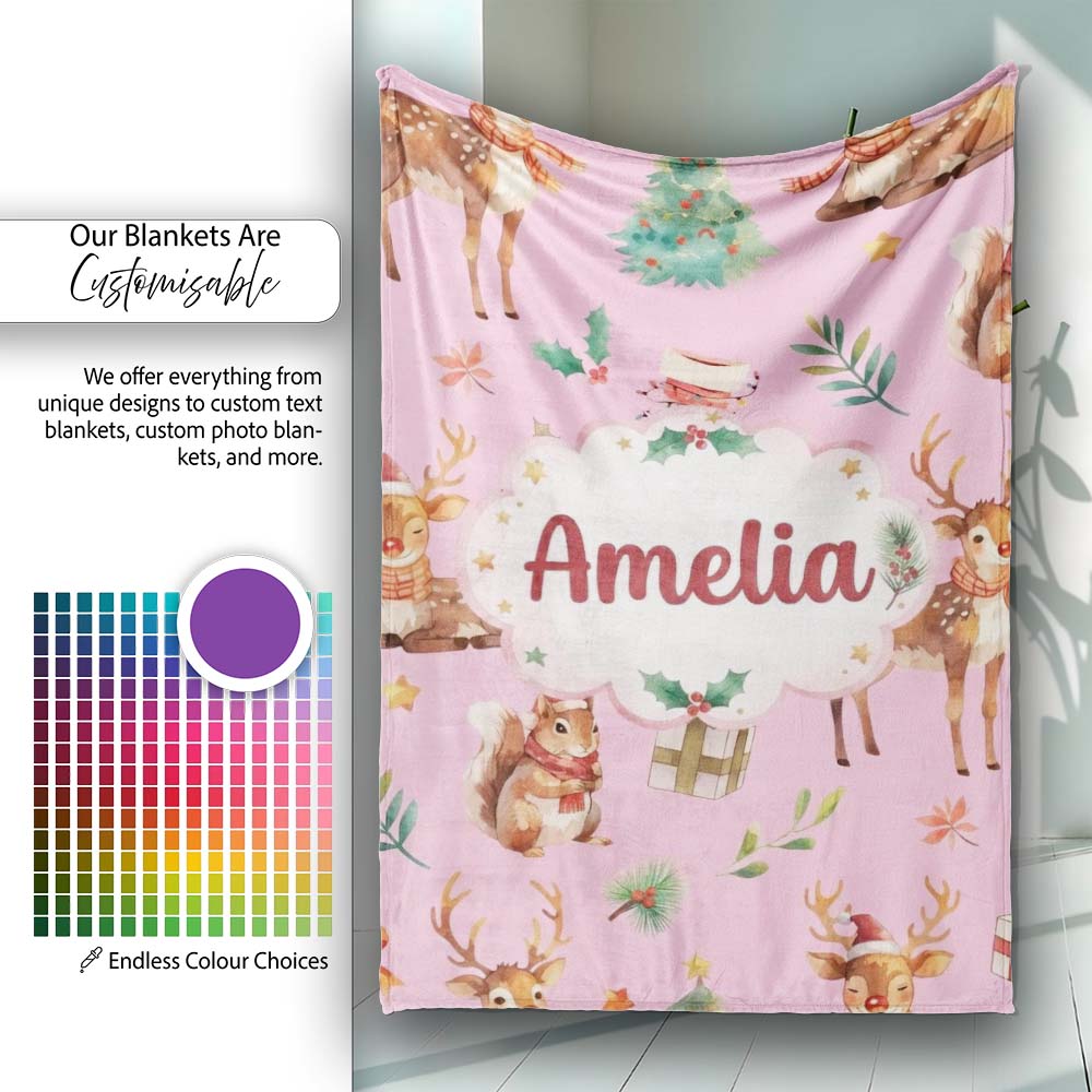 Cute Christmas Deer Squirrel Leaves Gift Pattern Light Pink  Personalised Custom Name Super Soft Fleece Blanket Bed Sofa Throw