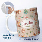 Personalized Custom Name Christmas Deer Squirrel Holly Leaves Gift Seamless Pattern Beige 11oz Ceramic Coffee Tea Mug White Large Handle