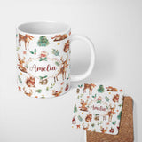Personalized Custom Name Cute Christmas Deer Squirrel Holly Leaves Gift Seamless Pattern 11oz Ceramic Coffee Tea Mug White Large Handle