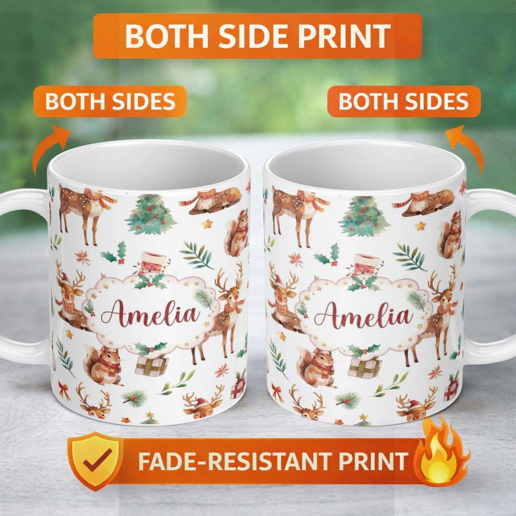 Personalized Custom Name Cute Christmas Deer Squirrel Holly Leaves Gift Seamless Pattern 11oz Ceramic Coffee Tea Mug White Large Handle