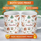 Personalized Custom Name Cute Christmas Deer Squirrel Holly Leaves Gift Seamless Pattern 11oz Ceramic Coffee Tea Mug White Large Handle