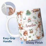 Personalized Custom Name Cute Christmas Deer Squirrel Holly Leaves Gift Seamless Pattern 11oz Ceramic Coffee Tea Mug White Large Handle