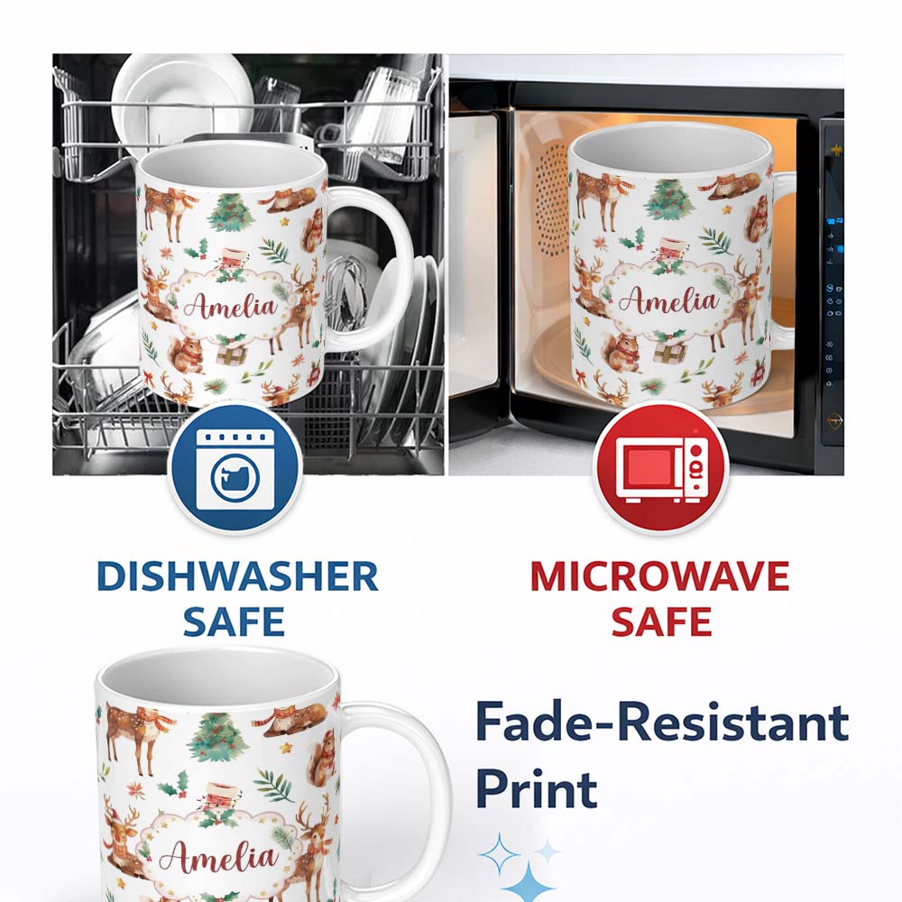 Personalized Custom Name Cute Christmas Deer Squirrel Holly Leaves Gift Seamless Pattern 11oz Ceramic Coffee Tea Mug White Large Handle