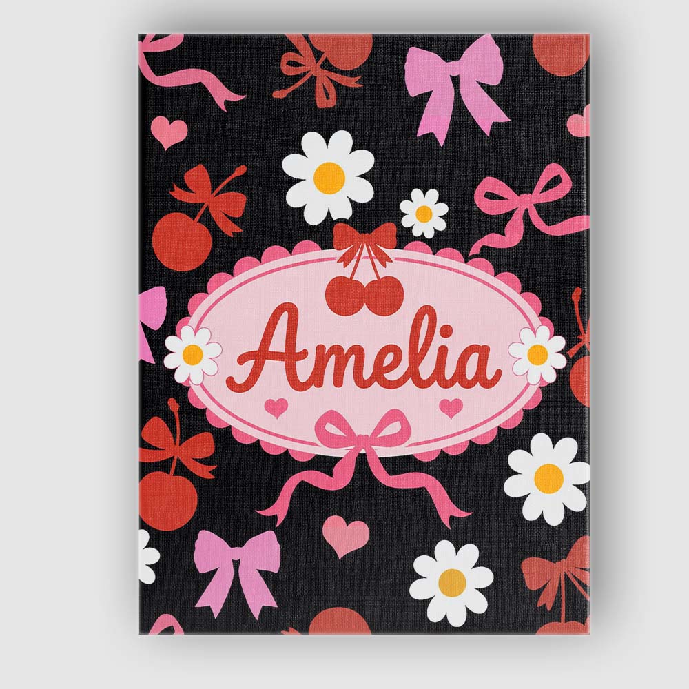Personalised Name Cute Cherry Bow Heart with Yellow Floral Detail on Custom  Home Canvas Wall Art Print Decor Picture Ready to Hang