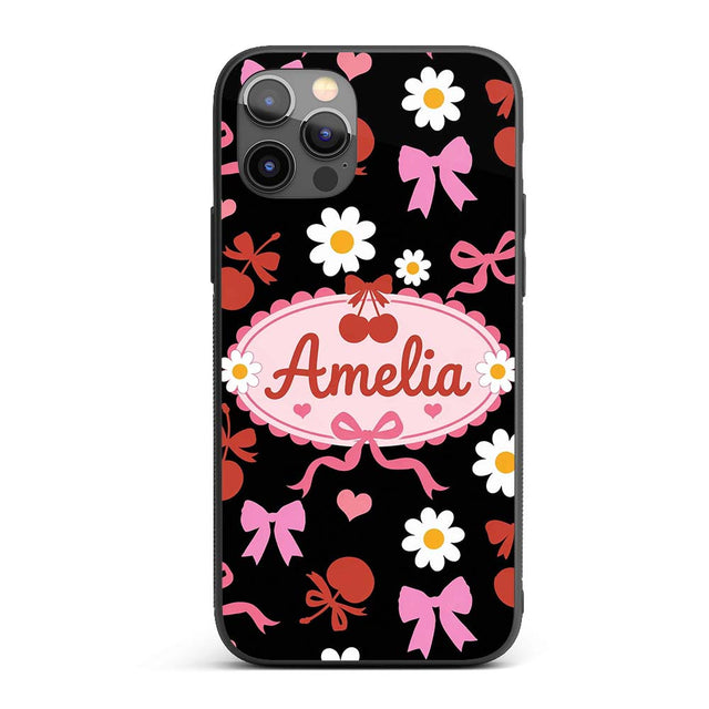 Cute Cherry Bow Heart with Yellow Floral Detail Custom Name Protective Phone Case Mobile Cover Durable Everyday Smartphone Shock Resistant