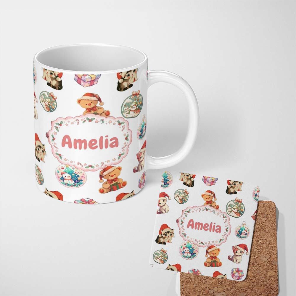 Personalized Custom Name Cute Christmas Cat Teddy Bear Bauble Gift Seamless Pattern White 11oz Ceramic Coffee Tea Mug White Large Handle