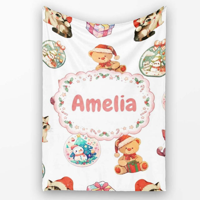 Cute Christmas Cat Teddy Bear Bauble Gift Seamless Pattern White  Personalised Custom Name Super Soft Fleece Blanket Bed Sofa Throw