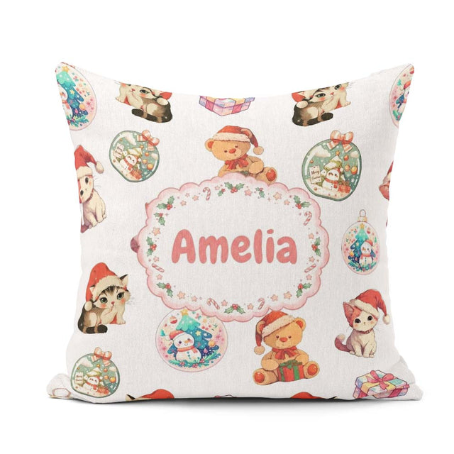 Custom Name Cute Christmas Cat Teddy Bear Seamless Pattern White Square Filled Cushion Throw Pillow Sofa Bed Home Decor Zip Washable UK Made