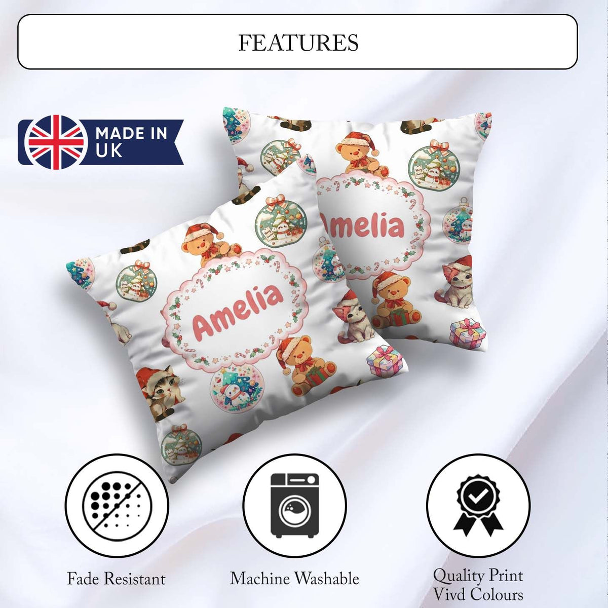Custom Name Cute Christmas Cat Teddy Bear Seamless Pattern White Square Filled Cushion Throw Pillow Sofa Bed Home Decor Zip Washable UK Made