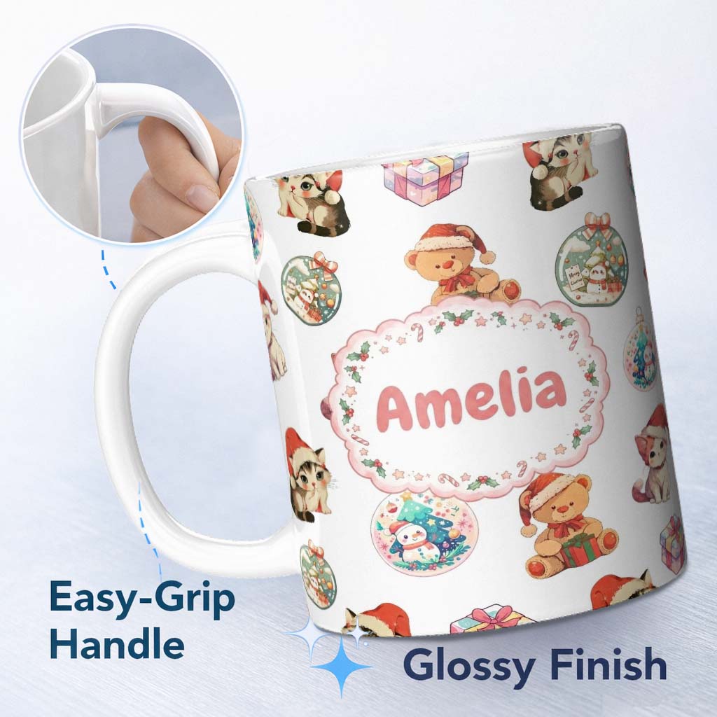 Personalized Custom Name Cute Christmas Cat Teddy Bear Bauble Gift Seamless Pattern White 11oz Ceramic Coffee Tea Mug White Large Handle