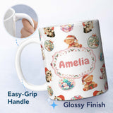 Personalized Custom Name Cute Christmas Cat Teddy Bear Bauble Gift Seamless Pattern White 11oz Ceramic Coffee Tea Mug White Large Handle