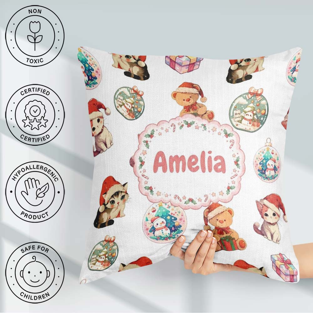 Custom Name Cute Christmas Cat Teddy Bear Seamless Pattern White Square Filled Cushion Throw Pillow Sofa Bed Home Decor Zip Washable UK Made