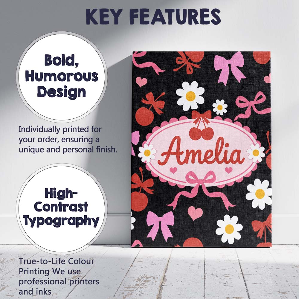 Personalised Name Cute Cherry Bow Heart with Yellow Floral Detail on Custom  Home Canvas Wall Art Print Decor Picture Ready to Hang