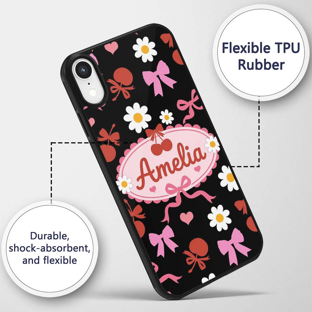 Cute Cherry Bow Heart with Yellow Floral Detail Custom Name Protective Phone Case Mobile Cover Durable Everyday Smartphone Shock Resistant