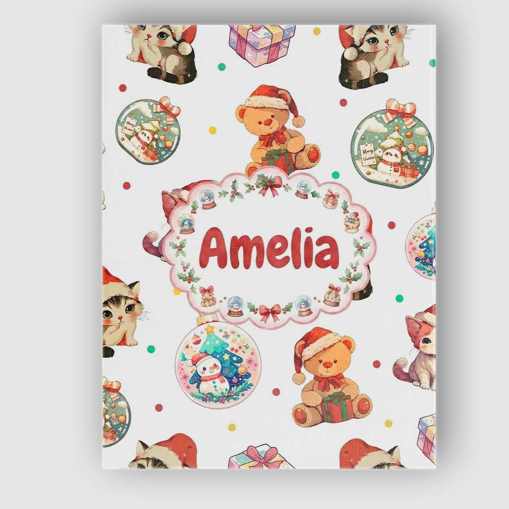 Personalised Name Cute Christmas Cat Teddy Custom  Unique Gift Idea Elegant Feature Canvas Wall Art Print Decor Picture Ready to Hang
