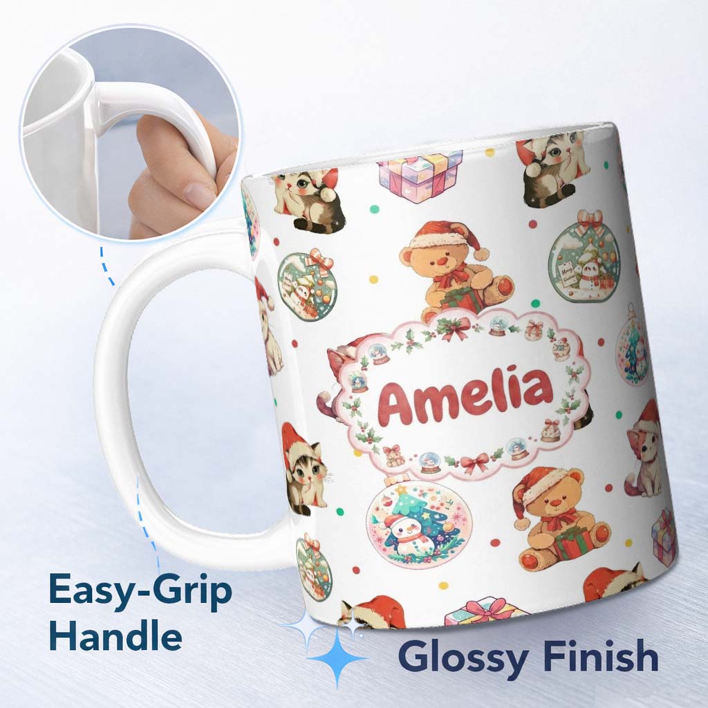Personalized Custom Name Cute Christmas Cat Teddy Bear Bauble Gift Seamless Pattern Dot 11oz Ceramic Coffee Tea Mug White Large Handle