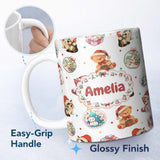 Personalized Custom Name Cute Christmas Cat Teddy Bear Bauble Gift Seamless Pattern Dot 11oz Ceramic Coffee Tea Mug White Large Handle