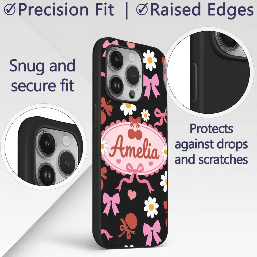 Cute Cherry Bow Heart with Yellow Floral Detail Custom Name Protective Phone Case Mobile Cover Durable Everyday Smartphone Shock Resistant