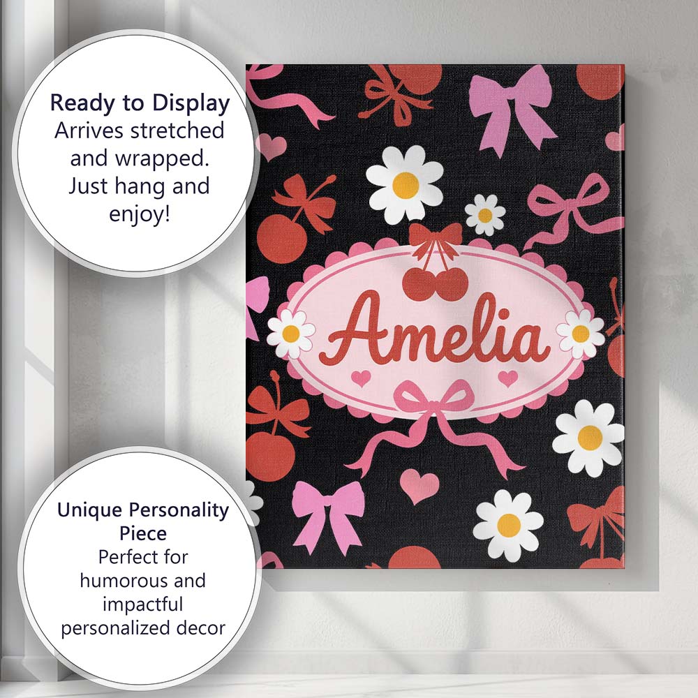 Personalised Name Cute Cherry Bow Heart with Yellow Floral Detail on Custom  Home Canvas Wall Art Print Decor Picture Ready to Hang