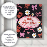 Personalised Name Cute Cherry Bow Heart with Yellow Floral Detail on Custom  Home Canvas Wall Art Print Decor Picture Ready to Hang