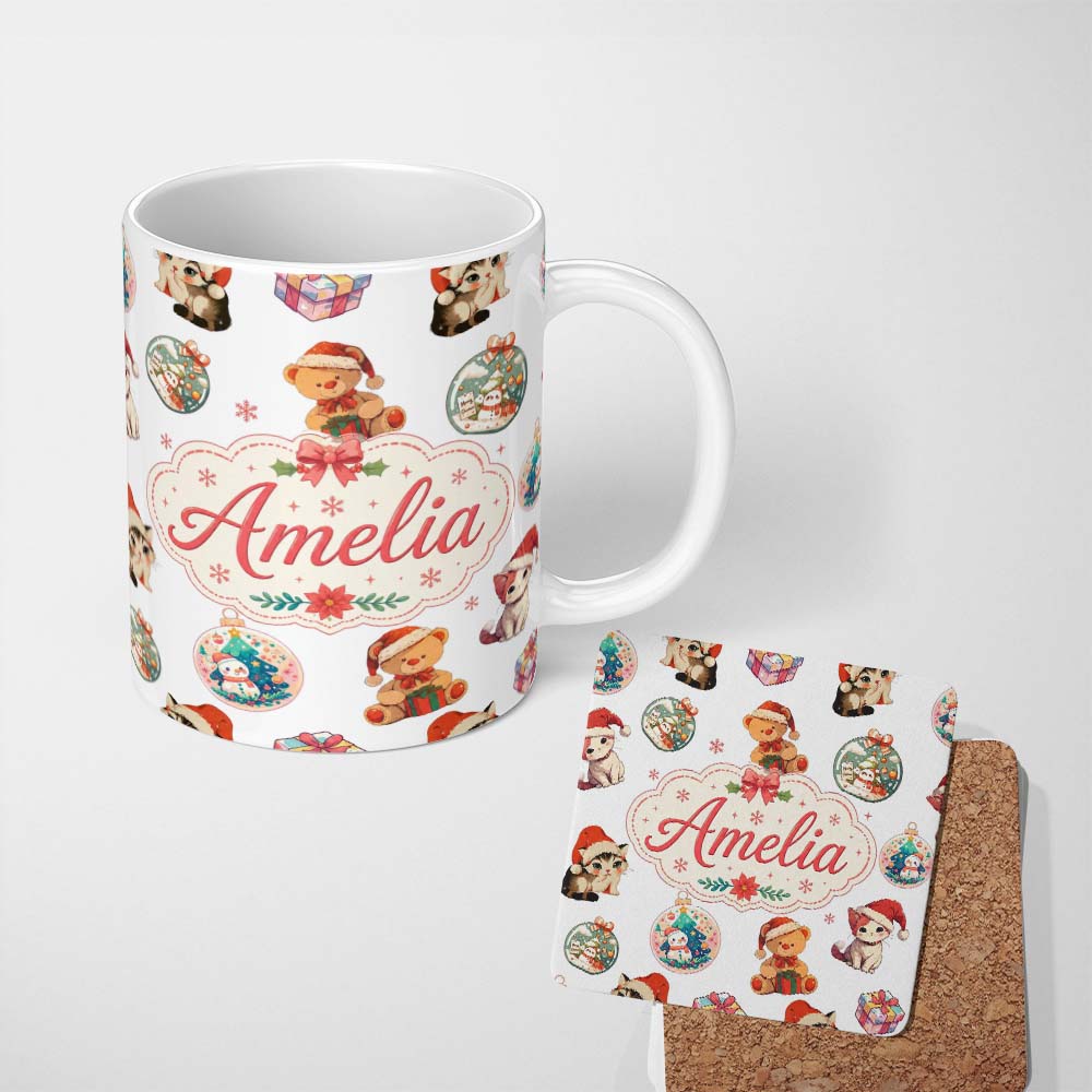 Personalized Custom Name Cute Gingerbread Man Candy Cane Cookie Seamless Pattern White 11oz Ceramic Coffee Tea Mug White Large Handle