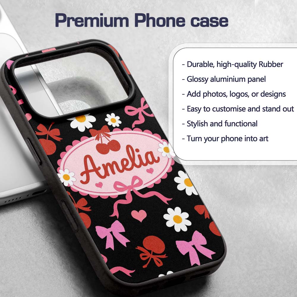 Cute Cherry Bow Heart with Yellow Floral Detail Custom Name Protective Phone Case Mobile Cover Durable Everyday Smartphone Shock Resistant