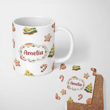 Personalized Custom Name Cute Gingerbread Man Candy Cane Cookie Seamless Pattern Stripe 11oz Ceramic Coffee Tea Mug White Large Handle