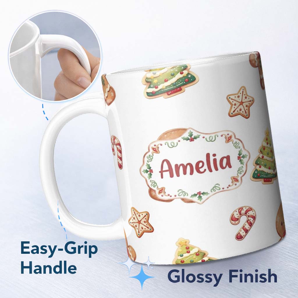 Personalized Custom Name Cute Gingerbread Man Candy Cane Cookie Seamless Pattern Stripe 11oz Ceramic Coffee Tea Mug White Large Handle