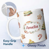 Personalized Custom Name Cute Gingerbread Man Candy Cane Cookie Seamless Pattern Stripe 11oz Ceramic Coffee Tea Mug White Large Handle