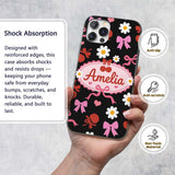 Cute Cherry Bow Heart with Yellow Floral Detail Custom Name Protective Phone Case Mobile Cover Durable Everyday Smartphone Shock Resistant