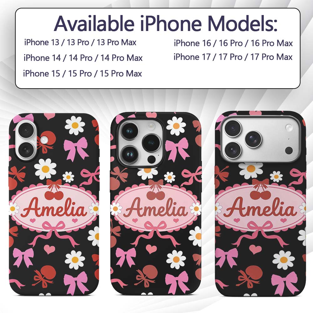 Cute Cherry Bow Heart with Yellow Floral Detail Custom Name Protective Phone Case Mobile Cover Durable Everyday Smartphone Shock Resistant