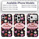 Cute Cherry Bow Heart with Yellow Floral Detail Custom Name Protective Phone Case Mobile Cover Durable Everyday Smartphone Shock Resistant