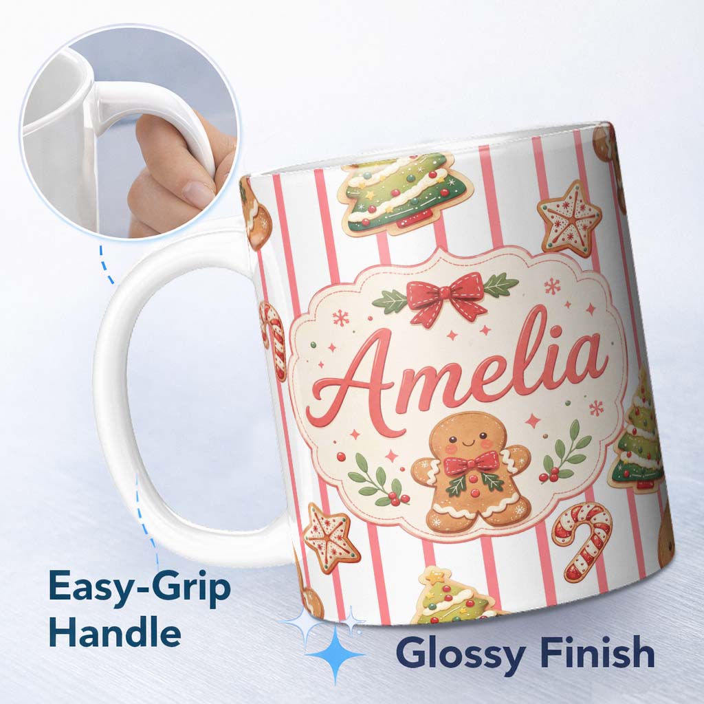 Personalized Custom Name Cute Gingerbread Man Candy Cane Cookie Seamless Pattern Red Stripe 11oz Ceramic Coffee Tea Mug White Large Handle