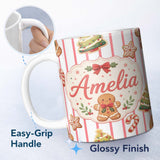 Personalized Custom Name Cute Gingerbread Man Candy Cane Cookie Seamless Pattern Red Stripe 11oz Ceramic Coffee Tea Mug White Large Handle