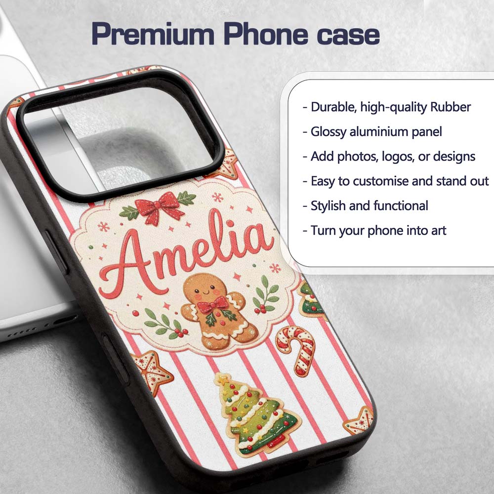 Cute Gingerbread Man Candy Cane Cookie Seamless Custom Name Protective Phone Case Mobile Cover Durable Everyday Smartphone Shock Resistant