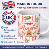 Personalized Custom Name Cute Gingerbread Man Candy Cane Cookie Seamless Pattern Red Stripe 11oz Ceramic Coffee Tea Mug White Large Handle