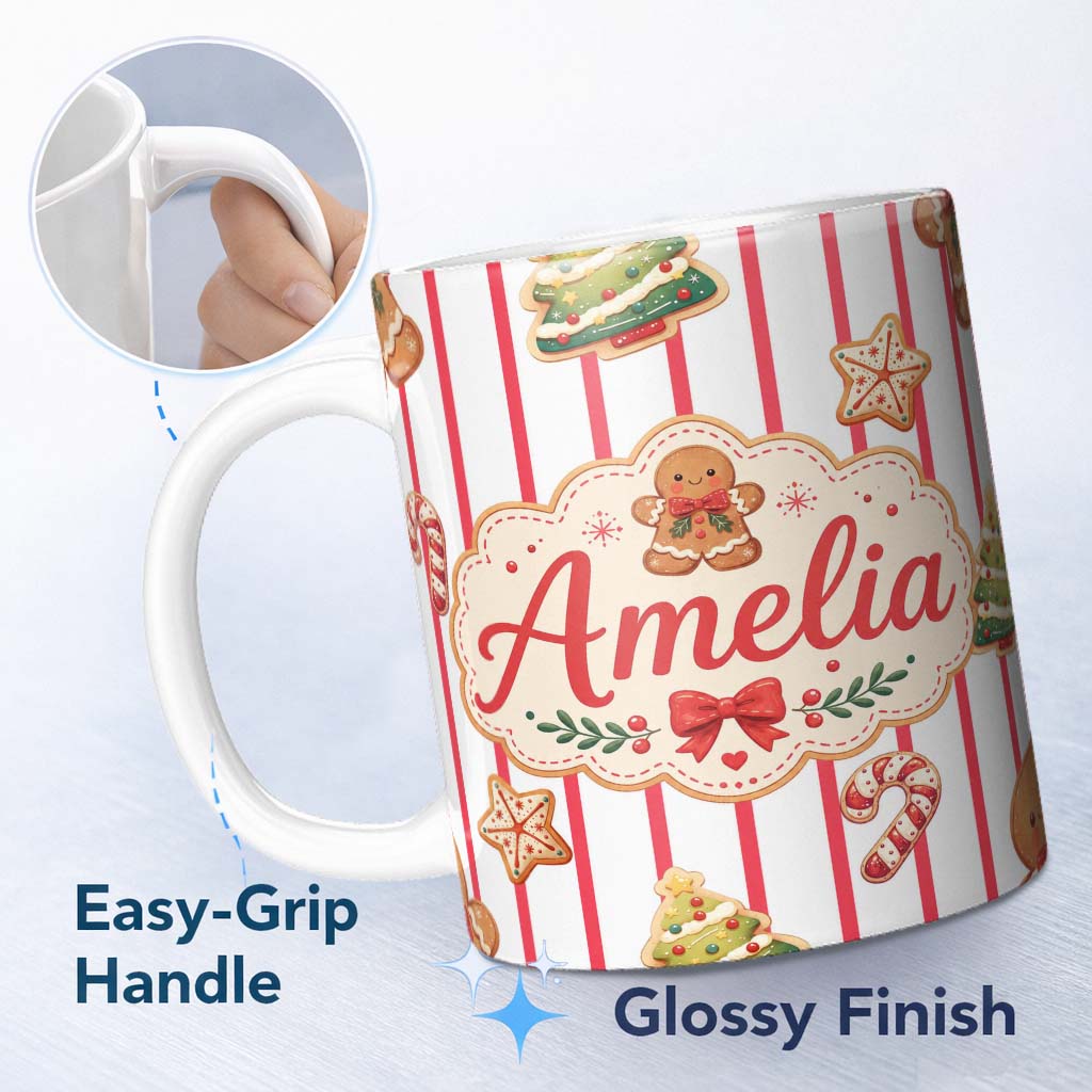 Personalized Custom Name Cute Gingerbread Man Candy Cane Cookie Seamless Pattern Festive 11oz Ceramic Coffee Tea Mug White Large Handle