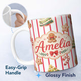 Personalized Custom Name Cute Gingerbread Man Candy Cane Cookie Seamless Pattern Festive 11oz Ceramic Coffee Tea Mug White Large Handle
