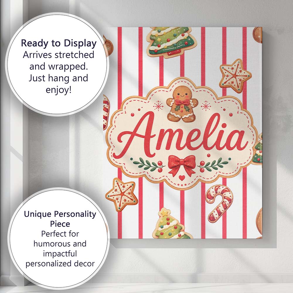 Personalised Name Cute Gingerbread Man Custom  Modern Room Accent Elegant Feature Canvas Wall Art Print Decor Picture Ready to Hang