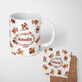 Personalized Custom Name Cute Christmas Puppies in Santa Hats Seamless Pattern White 11oz Ceramic Coffee Tea Mug White Large Handle