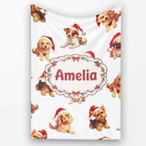 Cute Christmas Puppies in Santa Hats Seamless Pattern White  Personalised Custom Name Super Soft Fleece Blanket Bed Sofa Throw