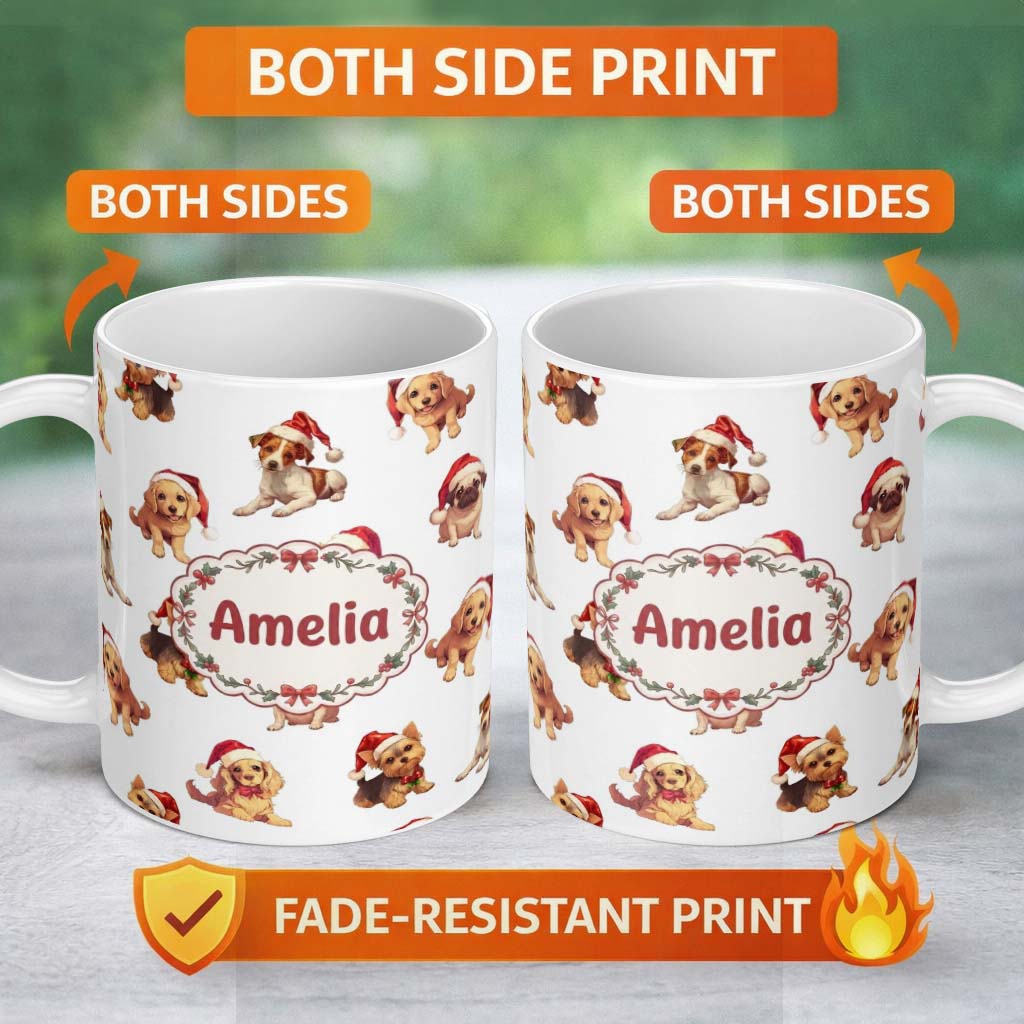 Personalized Custom Name Cute Christmas Puppies in Santa Hats Seamless Pattern White 11oz Ceramic Coffee Tea Mug White Large Handle